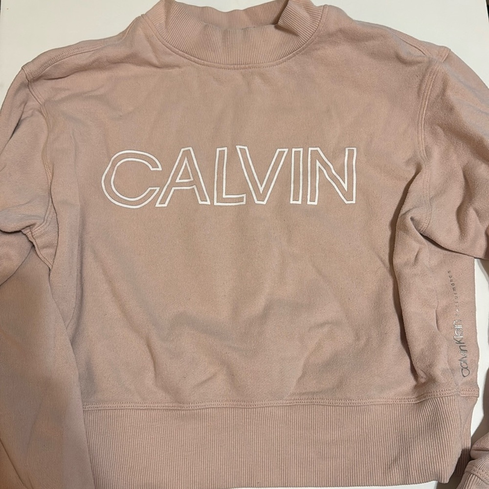 CK mock neck crop pink sweater. Some wear.